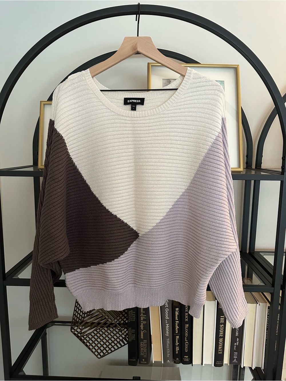 Express Colorblock Ribbed Crewneck Sweater - Ivory, Gray, Charcoal